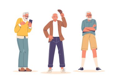 Yaşlı erkekler farklı duygular ve jestler sergiler, kıdemli karakterler farklı giyinmiş, farklı stilleri yansıtan ve tutumlar hayal kırıklığı ve düşüncenin de dahil olduğu çeşitli ifadeler sergiler.