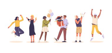 Bir grup neşeli insan, özel bir olayı kahkaha ve heyecanla kutluyor. Balon tutan karakterler, Konfeti patlatan ve coşkulu jestler gösteren, Mutluluğu ve Parti Ruhunu simgeleyen