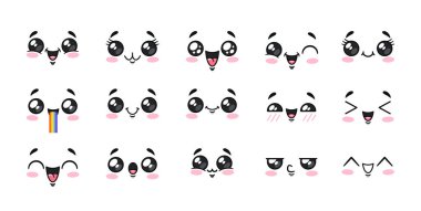 Farklı Duyguları Gösteren Sevimli Kawaii Yüzleri Koleksiyonu. Kırmızı Yanaklı Vektör Emoji ve Sevimli Anime Biçimli İfade Eden Gözler Mutluluk, Heyecan, Eğlence ve Eğlencelilik Gösteriyor