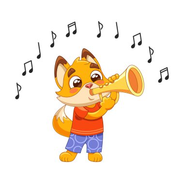 Şirin bir tilkinin renkli karikatür görüntüsü ya da neşeli bir şekilde trompet çalan kedi. Hevesli Hayvan Karakteri Müzikal Notalarla çevrelenmiş Müzikal Eğlence sırasında neşeli bir atmosfer yaratıyor