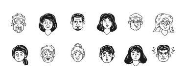 Çeşitli Yetişkin Duyguları ve İfadelerini İspatlayan Siyah ve Beyaz Karakterler. Vektör İllüstrasyonu Eşsiz Erkek ve Kadın Yüzleri Mutluluk, Üzüntü, Şok ve Öfke Gösteriyor