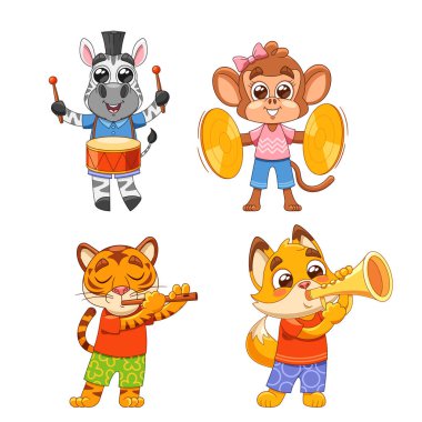 Sevimli çizgi film hayvanları müzik etkinliklerine katılıyor. Zebra Davulculuğu, Çıngıraklı Maymun, Flüt çalan Kaplan ve Trompet Çalan Kedi. Çocuk Müzik Eğitimi ve Eğlencesi İçin Vektör İllüstrasyonu