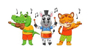 Neşeli Çizgi Film Hayvanı Müzik Enstrümanları Oynuyor Eğlenceli ve Tuhaf Bir Sahne Yarat. Timsah, Zebra ve Kaplan her biri etraflarında dans eden müzikal notalar gibi coşkulu ifadeler sergiliyor.