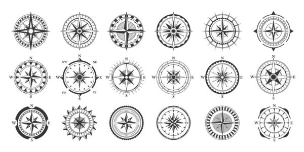 Set Of Artistic Compass Illustrations Showing Multiple Designs And Patterns. Each Black and White Compass Blending Traditional And Modern Elements. Perfect For Navigation, Travel Themes, Or Decoration