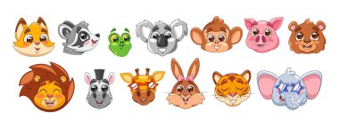 Değişik ifadeler ve stiller içeren canlı, şirin hayvan yüzlü çizgi film koleksiyonu. Çocuk Medyası ve Eğitimsel Malzemeler İçin Eğlenceli ve eğlenceli Temaları Vurgulayan Renkli Resimler