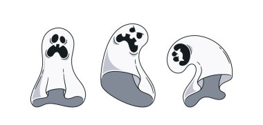 Farklı Duyguları İfade Eden Üç Karikatür Vektör Hayaleti. Cadılar Bayramı teması ve dekorasyonu için mükemmel. Ürkütücü, eğlenceli ve kaprisli projeler için basit ama eğlenceli tasarım elementleri