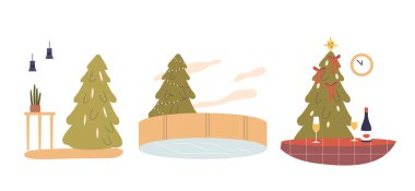 Süslü ağaçlar, buz pateni pisti, şampanya ve bayram kutlamaları ve mevsimlik neşe için mükemmel atmosferi olan sıcak bir Noel Sahnesi Çizgi Filmi Vektör İlülasyonu. Samimi, Davet Alanı İfade Eder