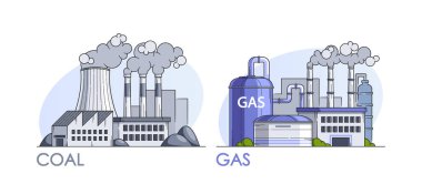 Two Types Of Electricity Generation Plants Featuring Coal And Gas. Industrial Buildings With Smoke Emanating From Chimneys, Representing Energy Production. Contrast Between Coal And Gas Power Sources clipart