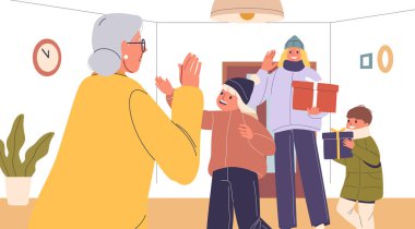 Aile üyeleri, Noel Kutlaması İçin Yaşlılarını Ziyaret Ediyor. Hediye, Şenlik ve Gülümseme Getirerek Bayram boyunca Neşeli bir Ortam Oluşturuyor.