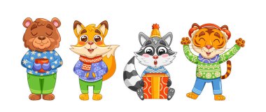 Happy Cartoon Animals In Winter Clothes Enjoying Christmas Season Together Joyfully. Cute Bear, Fox, Raccoon and Tiger Characters Wear Winter Clothes with Gifts and Drinks. Cartoon Vector Illustration clipart