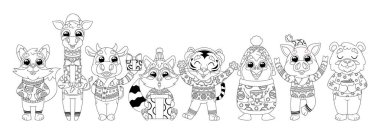 Noel Tatili Kutlamaları için Kış Giysileri Giyen Sevimli Hayvan Karakterleri Taslak Tek Renkli Çizimler Seti. Sevimli Kedi, Zürafa, İnek, Rakun, Kaplan ve Penguen, Süveter Giyen Domuz ve Ayı