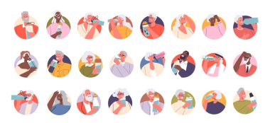 Yuvarlak Simgeler ya da Yaşlıların Görselleri Suyun Tadını Çıkaran ya da İçeceklerin Tadını Çıkartan Günlük Yaşamda Birlik ve Neşeyi Temsil eden Paylaşılan Anlarda Birlikteliği Vurguluyor