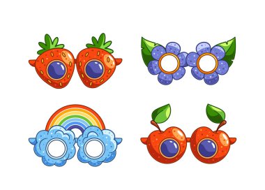 Purim için mükemmel olan canlı karnaval gözlüğü elma meyveleri, çilek ve çiçeklerin eğlenceli tasarımları kutlama ve şenlik ruhunu yansıtıyor. Çizgi film Vektör İllüstrasyonu