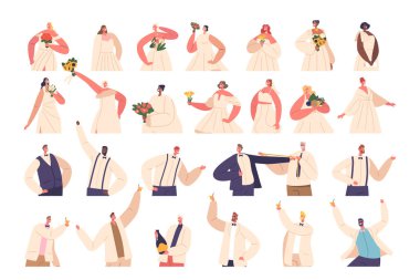 Büyüleyici düğün karakterleri, gelinler ve damatlar farklı pozlar ve ifadeler sergiliyor, bir kutlamada neşeli ve neşeli atmosferi ifade ediyor, düğün temalarını ve davetiyeleri tasvir ediyor