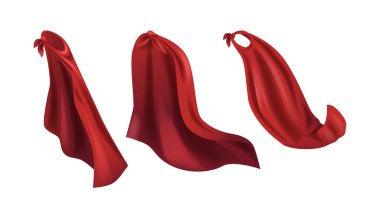 Üç tane canlı kırmızı klasik süper kahraman pelerini, sembolize eden güç, macera ve güç, kahramanlık temaları ve yaratıcı kavramlar için mükemmel. Gerçekçi 3d Vektör İllüstrasyonu, Mokup