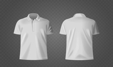 Yüksek Kaliteli Beyaz Polo gömlekli 3d Önden ve arkadan görünüşlü vektör modeli, Moda tasarımı, markalaşması ve reklamcılığı için ideal, şeffaf bir arkaplanda ayrıntılı kumaş dokusu