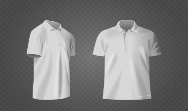 İki Düz Beyaz Polo gömleğin gerçekçi bir maketi, Tasarımlarını ve kumaş dokusunu gösteren şeffaf bir arka planda sergilendi. 3d Vektör İllüstrasyonu Moda Markası ya da Görüntü Tanıtımı İçin Mükemmel