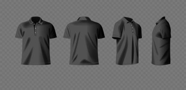 Siyah Polo gömlekler ön ve arka tarafta moda modelleri ve giyim mağazaları için mükemmel bir şekilde sergileniyor. Gerçekçi Ayrıntılar Görselleştirmeyi Geliştirir. 3d Vektör İllüstrasyonu, Uygula