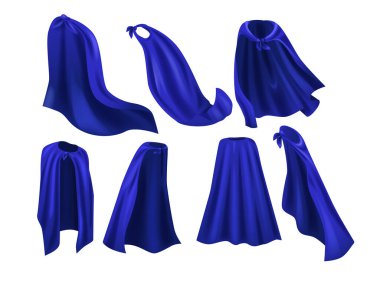 Collection Of Blue Superhero Capes Showcasing Different Styles And Designs For Costume Ideas, Creative Concepts Or Illustrations Of Heroic Themes And Fantasy Elements. Realistic 3d Vector Mockup clipart