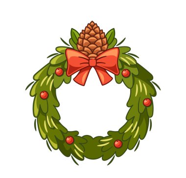 Kırmızı kurdeleyle süslenmiş çam kozalağı içeren zarif bir Noel çelengi. Noel eğlencesinin ruhunu yakalayan bayram dekorasyonuna ve kutlamalara şenlik dokunuşu eklemek için mükemmel meyveler.