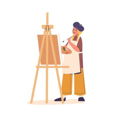 Gündüz vakti bir stüdyo ortamında resim yaparak yaratıcılığını ifade eden genç bir sanatçı, bir bere ve önlük takıyor, palet ve boya fırçası tutuyor, sanatsal tutku ve beceri gösterisi yapıyor.