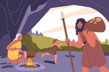 Illustration Depicting Stone Age People In A Cave Setting With A Rugged Atmosphere, Featuring A Spear-Wielding Man, A Woman Cooking Over A Fire, And A Child Running, Capturing A Prehistoric Lifestyle clipart