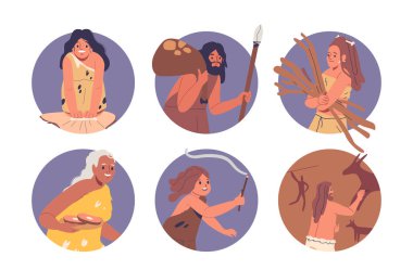 Avatars of Stone Age People Engaged In Gathering, Hunting And Cave Painting Activities. Each Person Illustrates Unique Aspect Of Prehistoric Life Showcasing Ancient Survival Skills And Artistry clipart