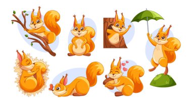 Büyüleyici karikatür sincapları gösterişli, oyuncu ve yaratıcı pozlar veriyor, ağaçlara tırmanmaktan şemsiye tutmaya, neşeli ve kaprisli karakterleri parlak ve renkli resimlerle ifade etmeye kadar.