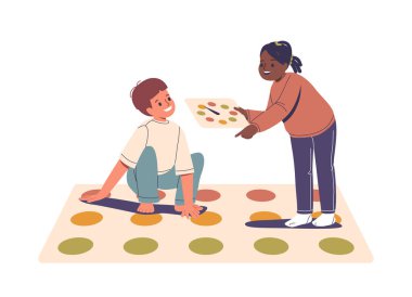 Anaokulu öncesi çocuk çizgi film karakterleri twister oda zemininde oyun oynuyorlar evde ya da anaokulunda eğlence amaçlı eğlence zamanı zaman çizimi yapıyorlar. Küçük kız arkadaşlar birlikte eğleniyorlar.