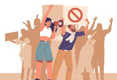 Irkçılık ve demokratik savaş grevleri olmadan barış için grev yapan bir grup insan. Pankart tutan ve arka plan vektör illüstrasyonunda insan grubu siluetiyle megafonla bağıran erkek kadın.