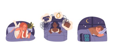 Genç kız çizgi film karakterleriyle izole edilmiş uykusuzluk çeken bir kadın hayal kırıklığı, internet bağımlılığı ve uykusuzluk vektör çizimi gibi zihinsel sorunları olan.