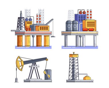 Kara ve su platformları, sondaj platformları, otomatikleştirilmiş bodrum katı beyazlar üzerinde izole edilmiş. Yakıt yataklarının geliştirilmesi ve keşif vektörü illüstrasyonu için farklı türde sanayi istasyonları