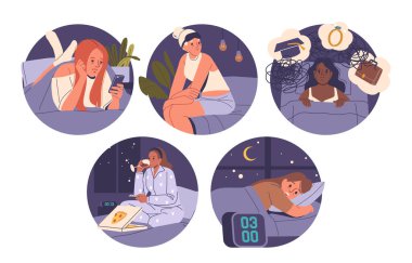 Uykusuz, depresif, genç kadın çizgi film karakterleriyle dolu, yuvarlak uykusuzluk kompozisyonu. Hayal kırıklığı, duygusal stres, yalnızlık, internet bağımlısı vektör çizimi yaşayan bir kadın.