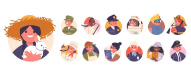 Mutlu çocuk meslekleri seti, iş gereği kostüm ve üniforma giyen kızlar ve erkekler. Tatlı çocuklar hobisi, kariyer temsilciliği. Neşeli tıp, bilim, hizmet, ordu, sanatsal işçiler