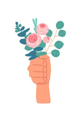 Çiçek buketli bir erkek el.