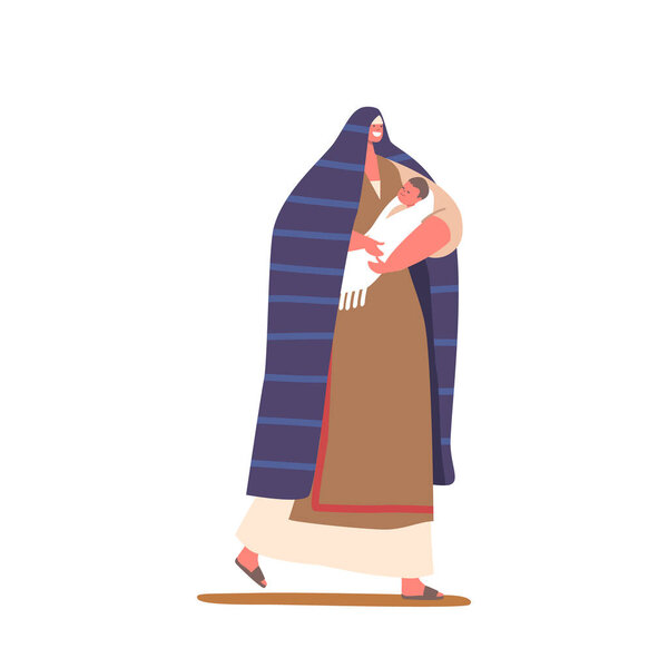 Древняя израильская женщина, держащая новорожденного ребенка в руках, изолирована на белом фоне. Женский персонаж носит традиционную одежду и покрывает голову. Ребенок в безопасности. Вектор мультипликации