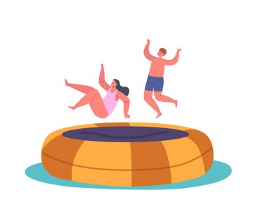 Küçük oğlan ve kız yaz tatilinde ya da hafta sonunda trambolinde zıplayarak eğleniyorlar. Çocuklar, Joy, Çocukluk, Çocuk Karakterleri Beyaz Arkaplanda İzole Yaşamın keyfini çıkarın. Çizgi film İnsanları Vektör İllüstrasyonu