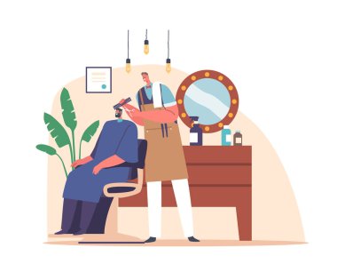 Kuaför Berber Erkek Güzellik Salonu 'nda Sakallı Erkek Müşteriye Saç Kesimi Yapıyor. Berber Dükkanı İç Tasarımı Koltuk, Masa, Aksesuar ve Mobilya. Çizgi film İnsanları Vektör İllüstrasyonu