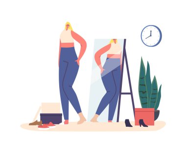 Moda kıyafetleri giyen şık bir kadın. Tank tişörtü ve aynanın önünde kot pantolon pozu veren. Genç Sarışın Fit Kadın Karakteri Modern Yaz Gündelik Kıyafetleri ve Ayakkabıları Seçin. Çizgi film Vektör İllüstrasyonu