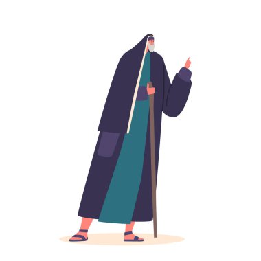 Antik İsrailli Adam Uzun Boyludur, Uzun Boyludur. Kıdemli erkek karakter geleneksel giysiler giyer ve başını kapatır, gözleri mesafeye kilitlenir. Çizgi film İnsanları Vektör İllüstrasyonu