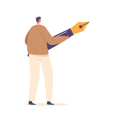 Grafik Tasarımcısı, Dijital Sanatı Büyük Stylus Canlı Tasarımlar ve Vektör İllüzyonu ile Özgüvenle Yaratıyor. Beyaz Arkaplanda İzole Edilmiş Çalışan Aracı olan Küçük Çizgi Film Sanatçısı Karakteri