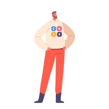 Young Man in Hoodie with CMYK Palette Print. Bearded Designer Stands Holding Hands on Hips Confidently. Successful Creative worker Isolated on White Background. Cartoon People Vector Illustration