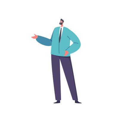 Resmi Takım Elbiseli Olgun Adam Gülümse ve Elle Harekete Geç. Erkek Karakter Basın Konferansı ya da Brifing Hakkında Konuşuyor, Öğretmen İdari Sınıfı Beyaz Arkaplan 'da tecrit edildi. Çizgi film İnsanları Vektör İllüstrasyonu