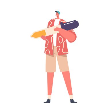 Gülümseyen Genç Adam, Cap, Shirt ve Shorts Holding Large Pipette giyiyor. Yaratıcı Erkek Karakteri Beyaz Arkaplanda İzole Edilmiş Resim Oluşturma Rengi Seçin. Çizgi film İnsanları Vektör İllüstrasyonu