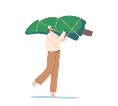 Kışlık elbiseli mutlu kız beyaz arka planda izole edilmiş fidan ağacı taşıyor. Noel Tatili Hazırlığı, Yeni Yıl ve Noel Arifesi. Spruce 'la Neşeli Yürüyüş yapan Kadın. Çizgi film Vektör İllüstrasyonu