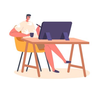 Grafik Tasarımcı Erkek Karakteri İş Yeri Tabletinde Stylus ile Çiziyor. İzole edilmiş Neşeli Adam Ressamı Yaratıcılık Fikrini Canlandırıyor, Dijital Tasarımlar Üzerinde Çalışıyor. Çizgi film İnsanları Vektör İllüstrasyonu