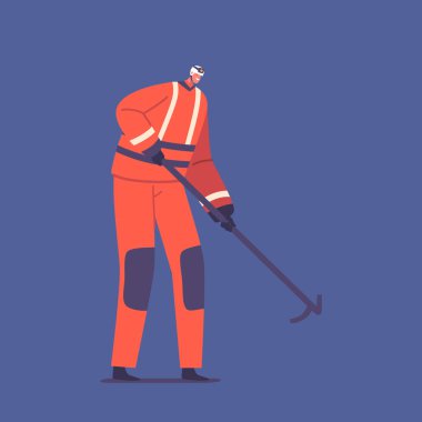 Üniformalı itfaiyeci, acil duruma cesaret ve kararlılıkla cevap vermeye hazır koruyucu dişli ve yangın söndürme ve hayat kurtarma araçlarıyla donatılmış. Çizgi film İnsanları Vektör İllüstrasyonu