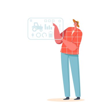 Çiftçi, tarımın çeşitli yönlerini izlemek ve kontrol etmek için yapay bir dokunmatik ekran kullanıyor, tarımdaki akıllı teknolojik gelişmelerin yararlarını vurguluyor. Çizgi film Vektör İllüstrasyonu