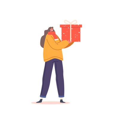 Hediye Kutusu Şenlikli Yay 'la sarılı Mutlu Kadın. Kış Tatillerinde Aile ve Arkadaşlara Hazırlık Yapan Kadın Karakteri Beyaz Arkaplan 'da tecrit edildi. Çizgi film Vektör İllüstrasyonu