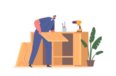 Ahşap Mobilya Aletleri ve Hızlandırıcı kullanan İşçi Erkek Karakteri. Parçaları gruplandıran, birleştiren ve güvene alan ve yüzeyleri tamamlayan adamlar. Çizgi film İnsanları Vektör İllüstrasyonu